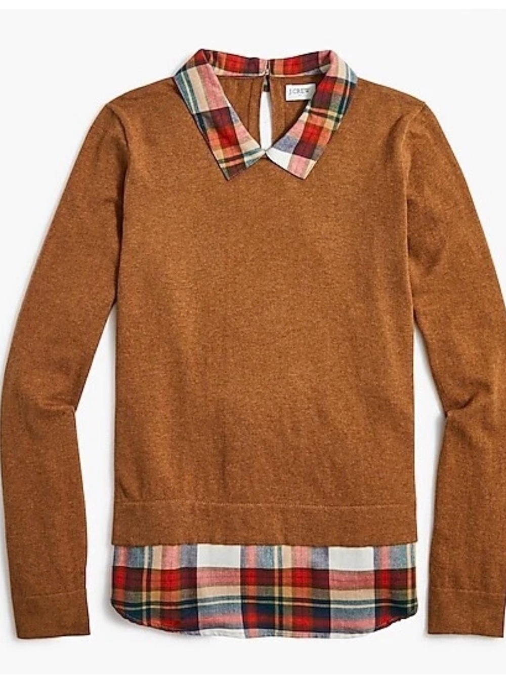 J. Crew Camel Crewneck Sweater with Plaid Trim